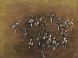 painting of a group of people standing in a circle on a brown surface