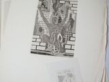 a black and white drawing of a man on a brick wall