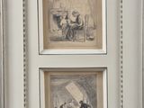 deux dessins encadrés représentant un homme et une femme assis à une table