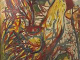 une peinture à l'huile représentant un coq debout devant un bâtiment