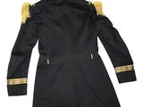a black jacket with gold trims and a red collar