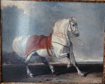 a painting of a white horse with a red blanket on it
