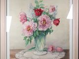 a painting of flowers in a vase on a table