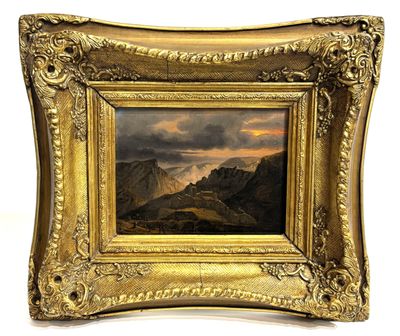 an image of a painting of a mountain scene with a sunset in the background