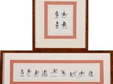 two framed pictures of people riding horses and a man riding a horse