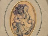 painting of a woman sitting on a man ' s back in a black frame
