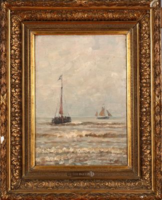a painting of a boat in the ocean with a flag on it