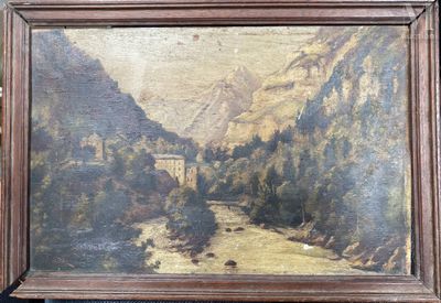 un vieux tableau représentant un paysage de montagne avec une rivière au premier plan