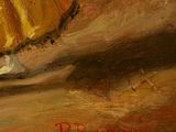 an oil painting of a woman in a yellow dress holding a yellow umbrella