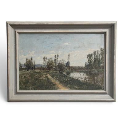 une peinture à l'huile représentant un paysage avec une rivière et des arbres