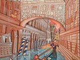 a painting of a gondola in the middle of a canal