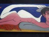 tableau représentant une femme allongée sur un lit, un couteau à la main