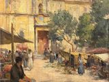 painting of a woman sitting on a bench in front of a building