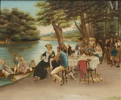 a painting of a group of people sitting at a table by the water