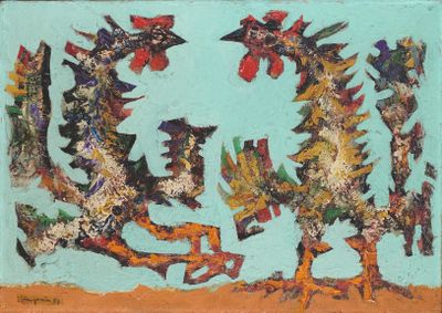 une image représentant un tableau montrant un groupe d'oiseaux sur fond bleu