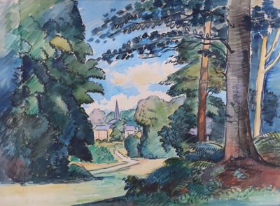 a watercolor painting of a country road in the woods