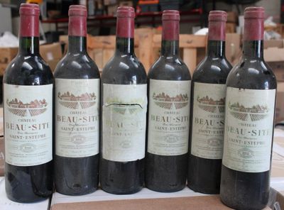 six bottles of red wine are lined up on a table