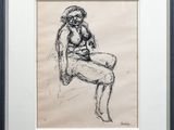 a black and white drawing of a woman sitting in a chair