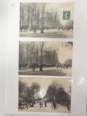 several old photos of a group of people riding horses in a field