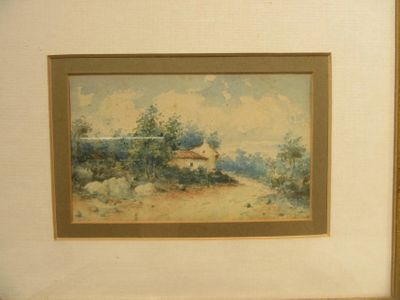 une photo d'un tableau représentant une maison dans un champ