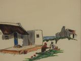 painting of a village scene with people sitting on the grass
