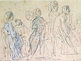 drawing of a group of people walking down a street in a line