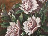 a painting of flowers in a glass vase on a table