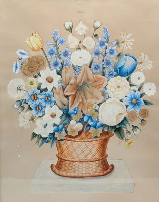 a painting of a basket of flowers on a table