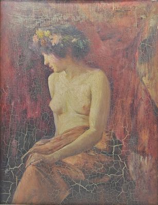 tableau représentant une femme assise sur une chaise, une couronne de fleurs sur la tête