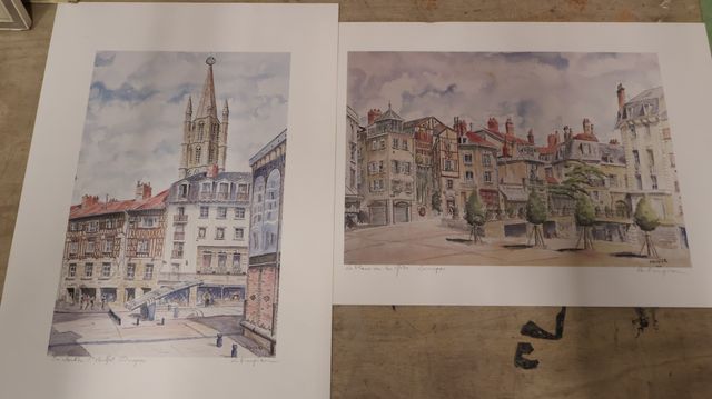 Deux gravures colorées R Frugier « le clocher St Michel » « la pl...