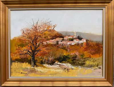 une peinture à l'huile d'un paysage avec un arbre au premier plan