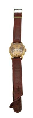 wrist watch with brown leather strap on white background on white surface