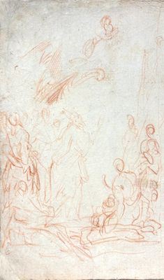 a drawing of a group of people sitting around a man on a horse