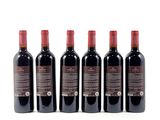 six bottles of red wine are lined up in a row