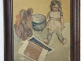 a picture of a painting of a little girl and a teddy bear