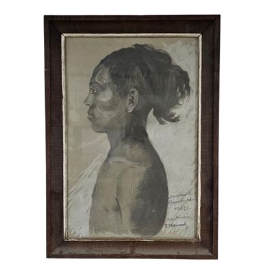 an image of a painting of a woman ' s face in a brown frame