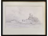a drawing of a ship in the water with a boat in the background