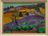 an oil painting of a landscape with a tree in the foreground