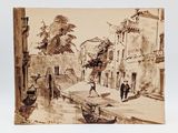 drawing of a street scene with a man walking down the street