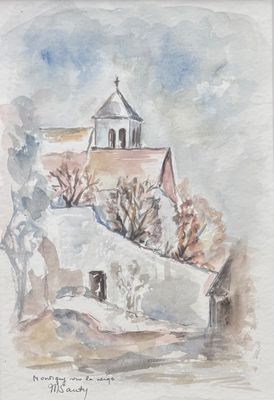 une image représentant une aquarelle d'une église avec un clocher