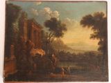 un vieux tableau représentant un paysage, avec des personnages au premier plan et un château à l'arrière-plan