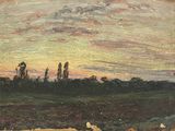 peinture représentant un paysage avec des arbres et un ciel en arrière-plan