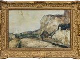 une peinture à l'huile représentant un paysage avec une route et une montagne en arrière-plan