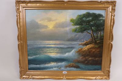 an oil painting of a tree on a cliff by the ocean