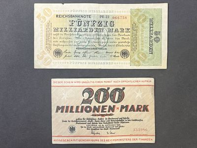 REPUBLIQUE DE WEIMAR - Deux billets de 50 et 200 millions De…