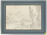 an image of a drawing of a mountain scene with trees in the foreground