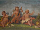 tableau représentant trois chérubins jouant de la musique dans un champ
