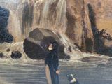 a painting of a man and a dog by a waterfall