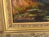 an oil painting of a mountain scene with a river in the foreground