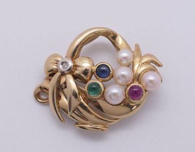 Broche en or jaune 585 ornée de cabochons et de petites perl… - Photo 1